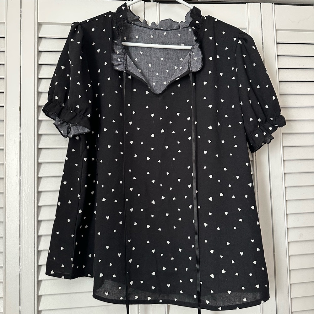 SHEIN Black and White Ruffled Tie Front Blouse